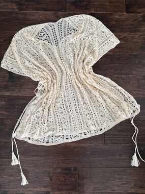 Crocheted Open Weave Drawstring Top in Cream